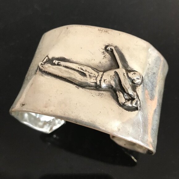 Antique Sterling Silver Golf Cuff Bracelet Golfer Cir. Mid Century Art Deco Era - Picture 1 of 13